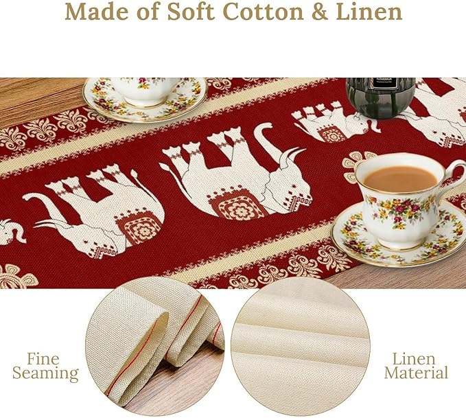 African Tribe Table Runner, Boho Red Elephants Tribal Traditional Diwali India Animal Ethnic Folk Rustic Coffee Table Center Decor for Home Kitchen Holiday Party Outdoor Table Decorations, 13"x36"