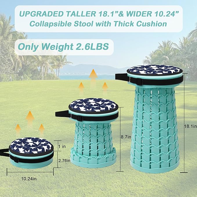ALEVMOOM Upgraded Collapsible Stool with Thickened Cushion 18.1",600Lbs Max Weight Wider & Taller Pop Up Stool, Heavy Duty Portable Retractable Folding Chair or Travel Foot Rest for Camping Outdoors
