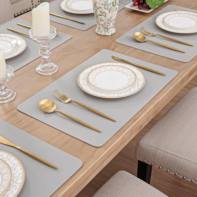 SHACOS Placemats Set of 6 Faux Leather Waterproof Leakproof Wipeable PU Non-Slip Vinyl Place Mats Heat Resistant Table Mats for Kitchen Dining Table Indoor Outdoor, Grey