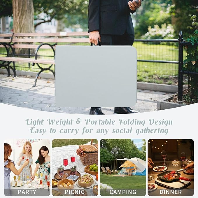Fivenl 2 Pack 6 FT Folding Tables Grey Foldable Table, Fold-in-Half with Carrying Handle Portable Plastic Rectangular Table for Party, Dining, Wedding, Camping, Picnic, Indoor Outdoor Events