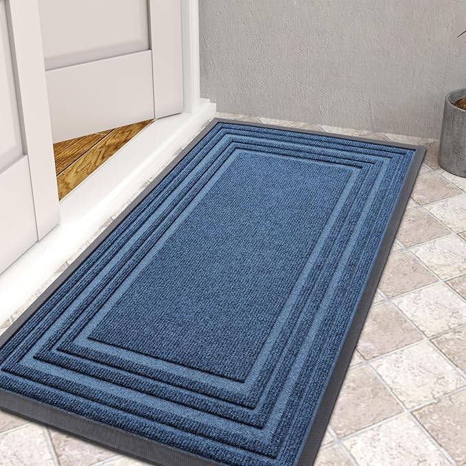 Buganda Front Door Mat Indoor Outdoor Entrance, Non-Slip Natural Rubber Doormats, Easy Clean, Low Profile, Dirt Trapper Entryway Floor Mats for Outside, Garages and Patios, 36x24, Light Blue