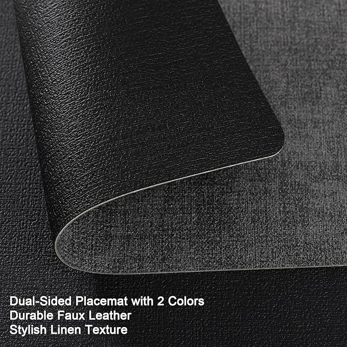 Myir JUN Placemats Set of 8, Dual Sided Faux Leather Placemats Place Mats Set of 8 Indoor for Dining Table Non-Slip Washable Heat Resistant Outdoor Table Mats (Set of 8, Black Gray)