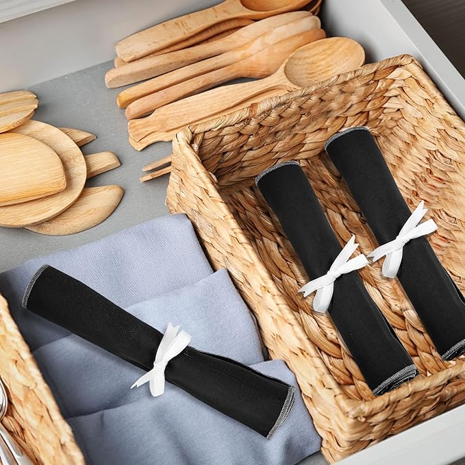 Hillban 18 Pcs Anti Tarnish Silver Storage Bags Silver Storage Cloth Felt Flatware Organizer Anti Tarnish Protector Bags Place Setting Roll with White Ribbon for Kitchen Cutlery (12 Slots,Black)