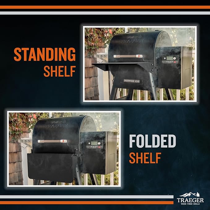 Traeger Grills BAC362 Folding Front Shelf – Steel Grill Accessory for Pro 22, Pro 575, and Ironwood 650, Ideal for Food Prep and Storage
