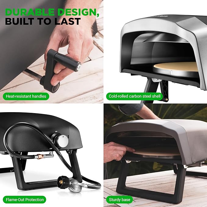 Nutrichef Outdoor Pizza Oven - Manual 360° Rotating Pizza Stone - Adjustable Heat - Includes Pizza Peel, Pizza Cutter, Stone, Cover, & Hose - Cook 12" Pizza in 60 Seconds - Long Handle