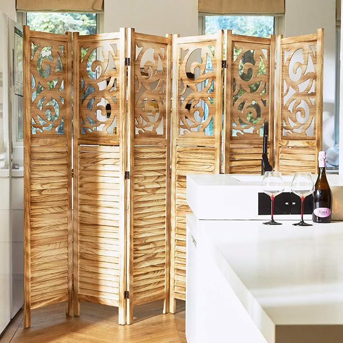 Room Divider Wood Carved Wall Divider Indoor Folding Portable Partition Screen for Home Office Garden Terrace - 6 Panel, 67 * 90inch (Wood)