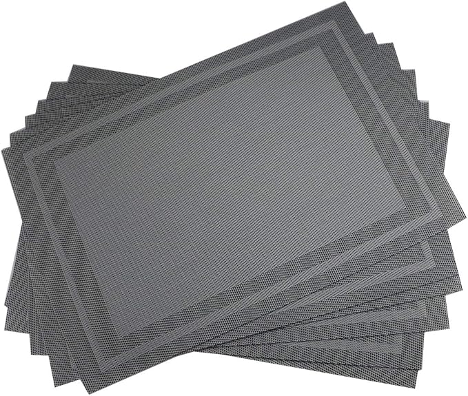 Gugrida Placemats Set of 6 Plaid Checkered Silver Grey PVC Placemat for Dining Table Durable Woven Vinyl Stain tablemats 18"X12"