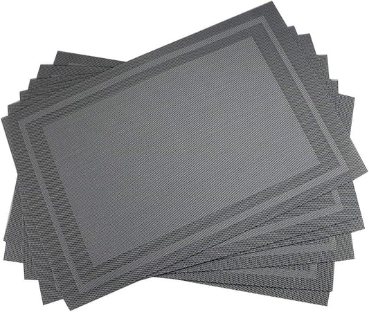 Gugrida Placemats Set of 6 Plaid Checkered Silver Grey PVC Placemat for Dining Table Durable Woven Vinyl Stain tablemats 18"X12"