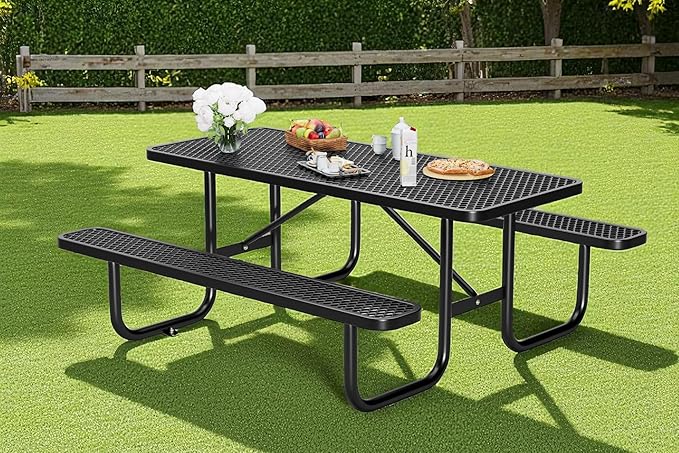 6 FT Metal Picnic Tables for Outside, Outdoor Coated Steel Heavy Duty Commercial Picnic Table with Benches, Patio Table Rectangular Furniture Set for Garden, Lawn, Shops, Parks