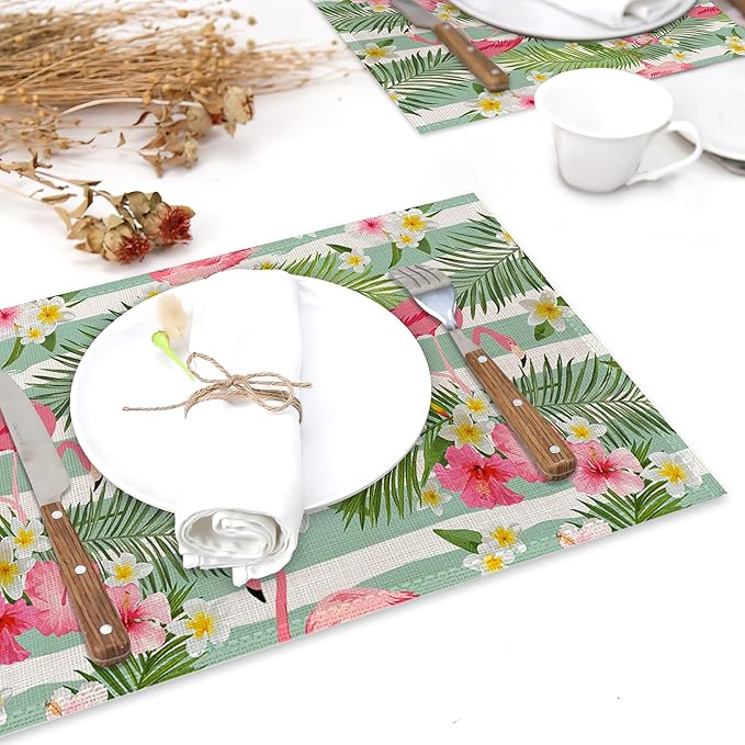 Flamingo Flowers Linen Placemats Set of 6,12x18 Inch Tropical Leaves Washable Table Mats Heat Resistant Place Mats for Home Party Kitchen Dining Decoration