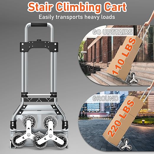 Stair Climbing Cart, 220 LBS Aluminum Stair Climber Dolly, Heavy Duty Folding Hand Truck Dolly with 6 Wheels, Telescoping Handle and Elastic Rope for Home, Moving, Groceries, Warehouse