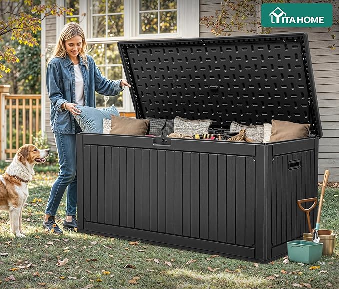 YITAHOME 260 Gallon Extra Large Deck Box, Double-Wall Resin Outdoor Storage Box with Flexible Divider for Patio Cushions Pool Supplies Garden Tools, 1000lbs Load Capacity, Lockable&Waterproof (Black)