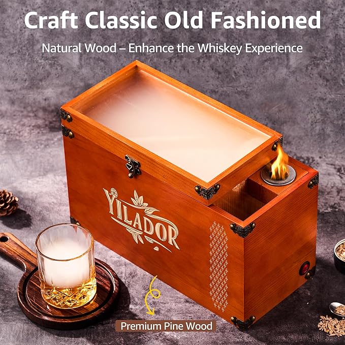 Old Fashioned Smoker Kit – Premium Wooden Gift Box for Whiskey & Cocktails, Electric Fan-Powered 2-in-1 Drink & Food Smoker, Impressive Gift for Men, Complete Set (Smoking Gun Not Required)