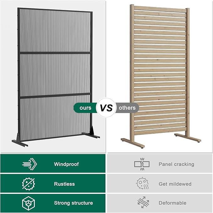 Casaphoria Metal Privacy Screen Outdoor, 72" H x 47" W Freestanding Decorative Privacy Screen for Patio Deck Balcony Garden with Stable Base, Black-Vertical Stripe