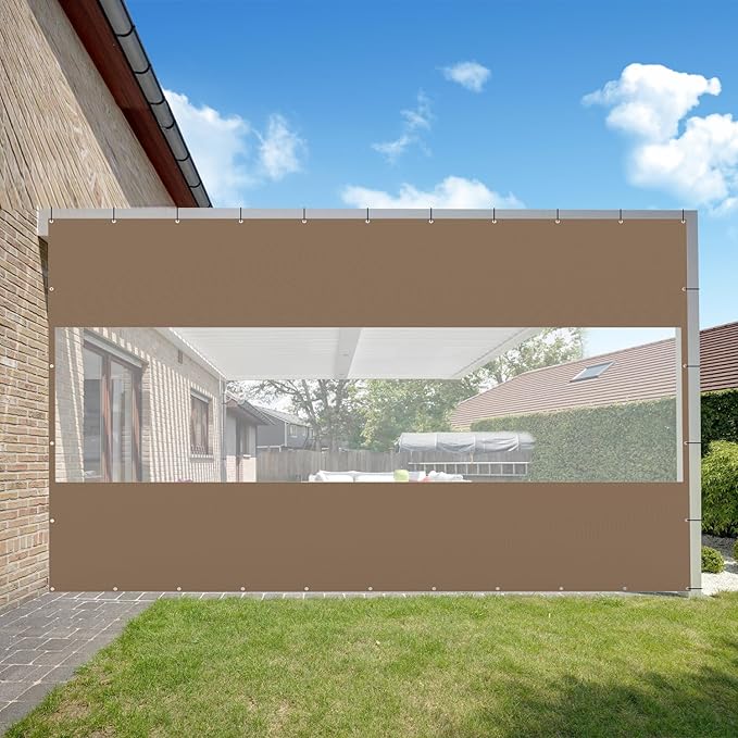 Domi Heavy Duty Outdoor Clear Panel Curtain, 18 oz Waterproof PVC Polyester Curtain, Weather Resistant & Tearproof for Patios, Gazebos, Pergolas, Privacy Screen (8'H x 12'W, Brown)