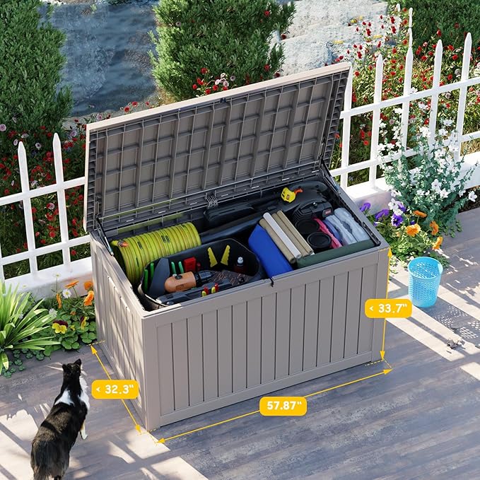 280 Gallon Resin Deck Box, Lockable Patio Outdoor Storage Box for Furniture, Garden Tools and Tools Storage, Waterproof Outside Storage Boxes - Grey