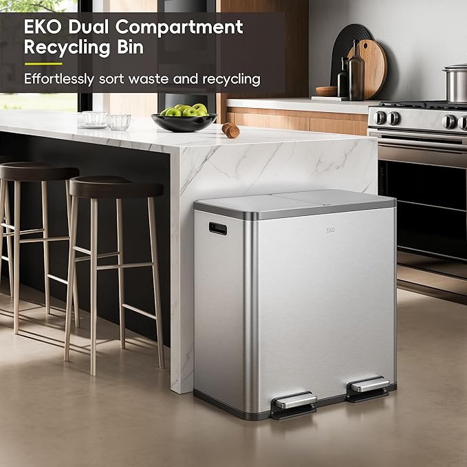 EKO EcoCasa Plus 2 x 10.6 Gal Dual Recycling Trash Can for Kitchen, Large Stainless Steel Step-On Garbage Can with Soft-Close Lids, Odor-Proof and Fingerprint-Resistant, Removable Buckets with Handles