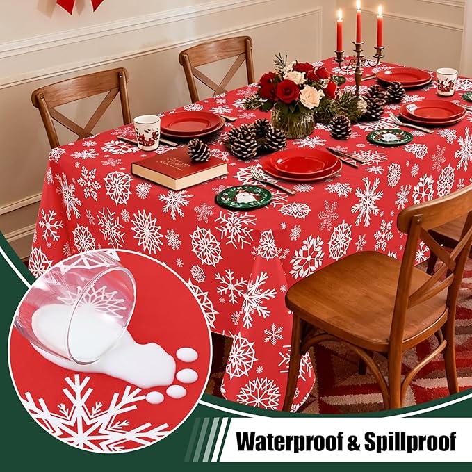 misaya Rectangle Waterproof Vinyl Table Cloth, Wipeable Tablecloth with Flannel Backing, Plastic Table Cover for Dinner, Christmas Party (Red Snowflake, 52" x 70")