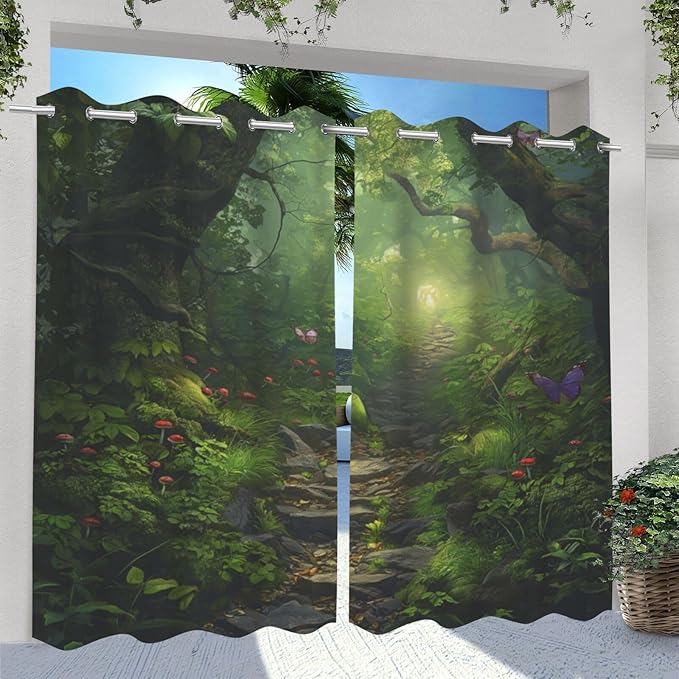 Fantasy Theme Outdoor Curtains for Patio Waterproof,Forest Pattern,Waterproof, Privacy, Grommet Curtains for Patio, Pergola, Porch, Deck, Lanai, Cabana,Set of 2 Panels,W54 x L108,Green