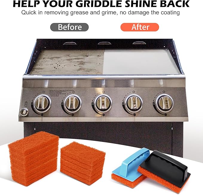 Hhome Griddle Cleaning Kit 16 Piece for Blackstone Flat Top, Grill Cleaning Accessories Tool, Easy Clean on Hot or Cold Surfaces, 14 Cleaning Pads and 2 Handles