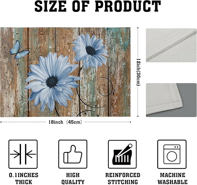 Giwawa Rustic Daisy Placemats Set of 4- Blue Sunflowers on Vintage Wood Board Linen Place Mat- Farmhouse Wooden Washable Heat Resistant Table Mats for Kitchen Dining Cabin Lodge Decor
