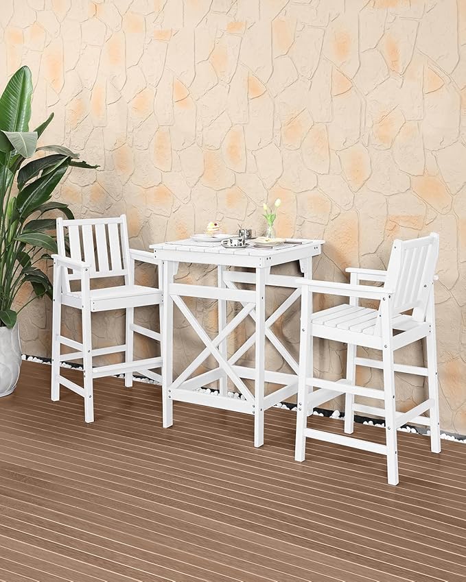 3-Piece Adirondack Chairs and Table Set, HDPE Patio Bar Sets, All Weather Outdoor Bar Stools Set, HDPE Adirondack Bar Height Chairs and Bar Table for Balcony, Porch, Garden, Pearl