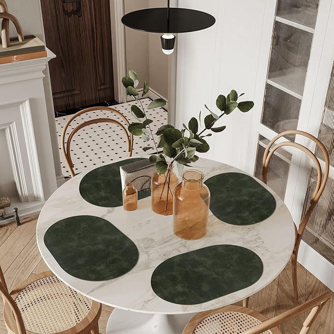 ADRIMER Placemats, Heat Resistant Oval Placemats Set of 4 Washable 12 x 17 Inch, Waterproof Table Mats, Wipeable Pu Place Mats for Kitchen, Dining Room, Olive Green