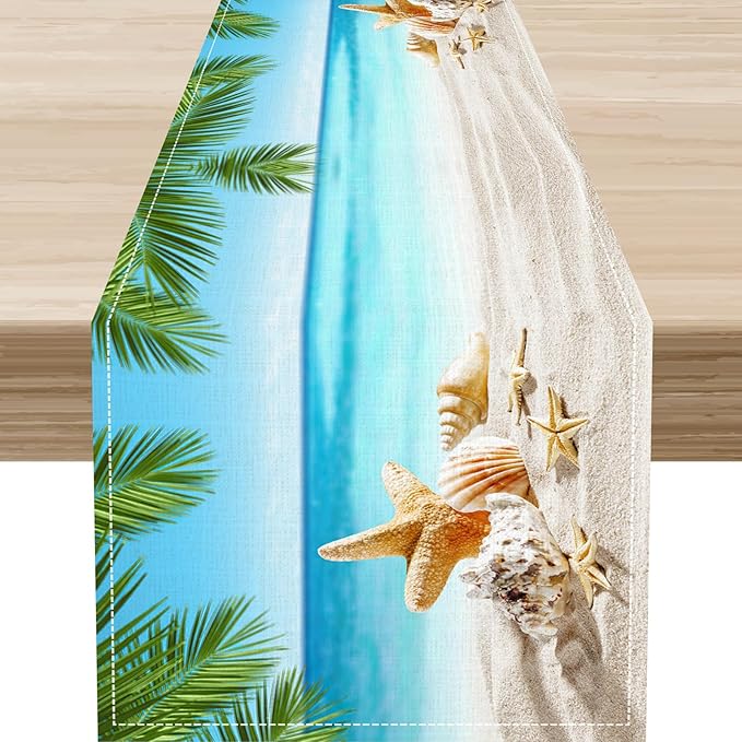 Summer Coastal Table Runner, Nautical Starfish Beach Seashell Ocean Tropical Palm Seasonal Coffee Table Center Decor for Home Kitchen Dining Patio Holiday Party Table Decorations 13"x36"