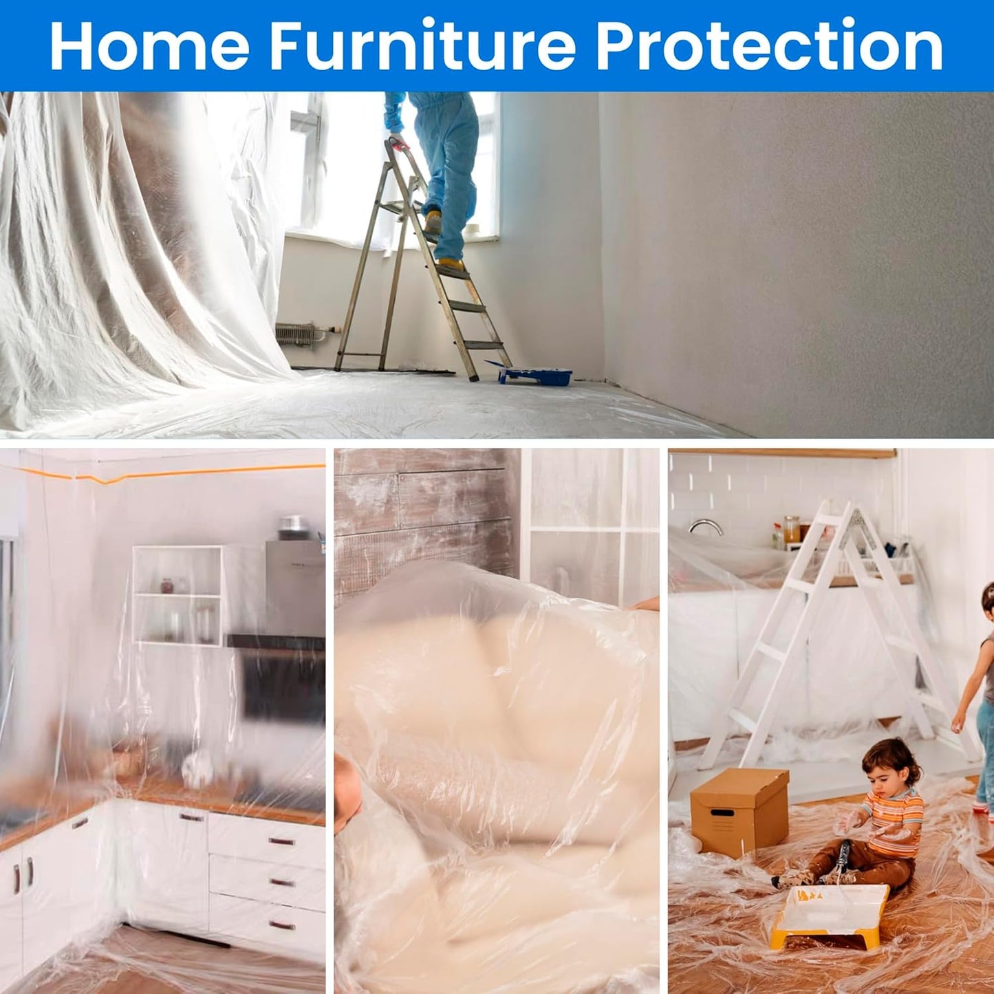 TAPEBEAR Upgrade Pre-Taped Masking Film Extra Thick, High Temp Tape and Drape 102" x 90', Plastic Cover for Automotive, Painting, Plastic Sheeting Masking Tape Film for Auto, Floor, Furniture, 4Rolls