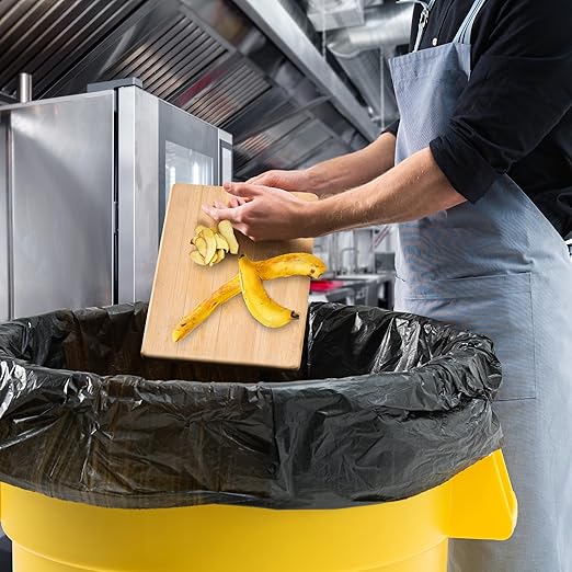 PRO&Family Commercial Round Trash Can with Lid and Dolly Rolling Waste Container, Ingredient Bin, Heavy-Duty Plastic, Anti-Static, Kitchen, Office, Outdoor Use (Yellow, 55 Gallon)