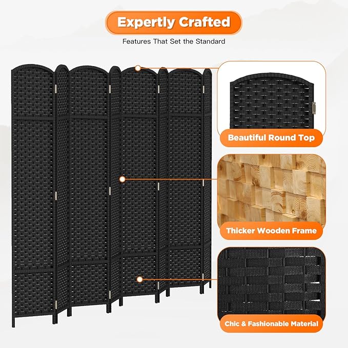 Room Divider 8 Panel Screen 5.6 Ft Tall Partition Room Dividers Black Privacy Screens Folding Room Separation Free Standing Waterproof Wood Frame Wall Divider