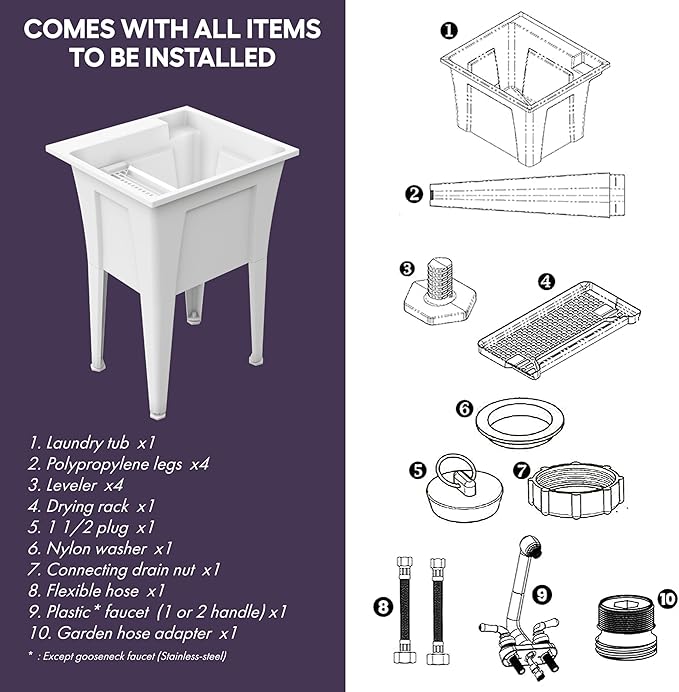 Freestanding Utility Sink with Stainless Steel Gooseneck Faucet - 24" Plastic Utility Sink for Garage, Laundry, Indoor and Oudoor Use - Laundry Tub Kit by Noah William Home - White (19.5 gal)