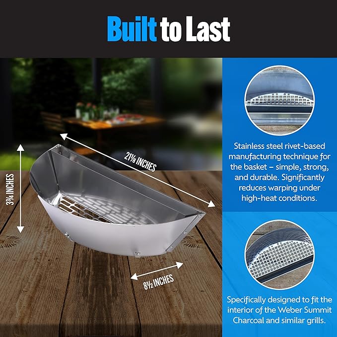 SnS Grills Slow ‘N Sear Charcoal Inserts for Low ‘N Slow & High-Heat Cooking - Patented Stainless Steel Accessories for Weber Summit and Similar Kettle Grills - Low Profile 22"