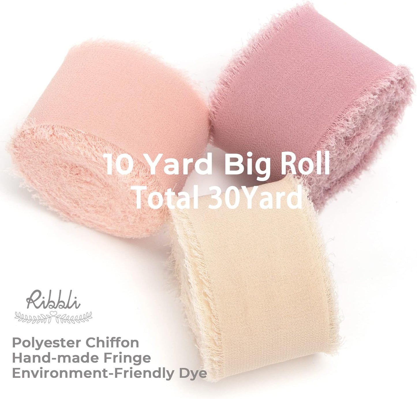 Ribbli Chiffon Silk Ribbon, 1.5 inch x 30 Yard, Champagne/Blush Pink/Dusty Rose Fringe Chiffon Ribbon for Wedding Invitations, Bridal Bouquets Wrapping, Flower Arrangement Decoration