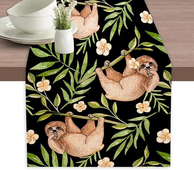 Funny Cute Sloth Flower Table Runner Dresser Scarves Seasonal Linen Tablerunner for Indoor Outdoor Kitchen Home Party Holiday Dining Table Decor 13 X 70 Inch
