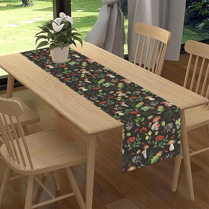 Mushroom Table Runner, Rustic Farmhouse Forest Plants Botanical Wild Floral Coffee Table Center Decor for Home Kitchen Dining Patio Holiday Party Indoor Outdoor Table Decorations, 13"x108" Inch