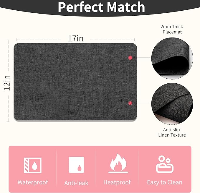 Maxpearl Faux Leather Placemats Set of 8 - Waterproof - Wipe Clean - Heat Resistant - Non Slip Dining Table Place Mats, Suitable for Indoor & Outdoor Use, 17’’x12’’, Black