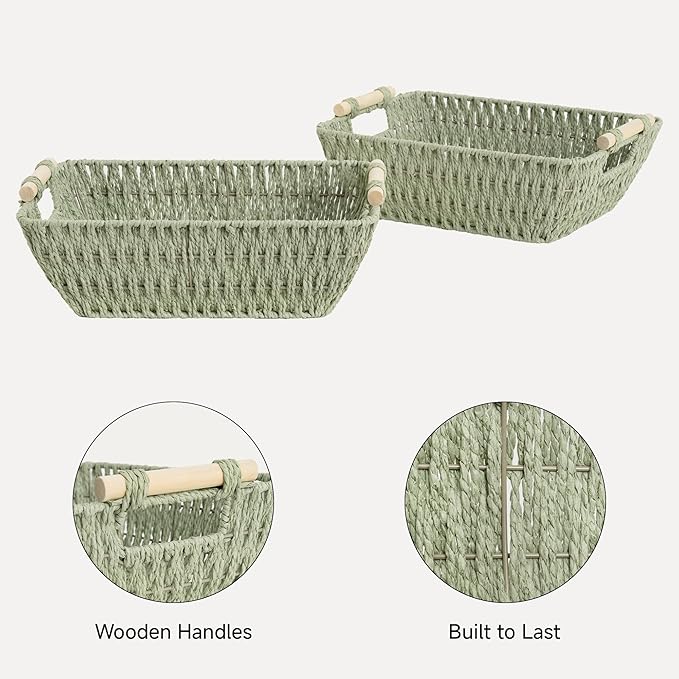 StorageWorks Large Wicker Storage Basket for Organizing with Wooden Handles, Toilet Paper Baskets for Shelf, Bosana Green, 2-Pack