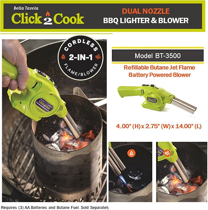 Click2Cook 2-in-1 Dual Nozzle BBQ Lighter & Blower – Refillable Butane Jet Torch & Battery Powered Fan – Professional Fire Starter for Charcoal Grills, Smokers, Fire Pits, & Sous Vide Searing