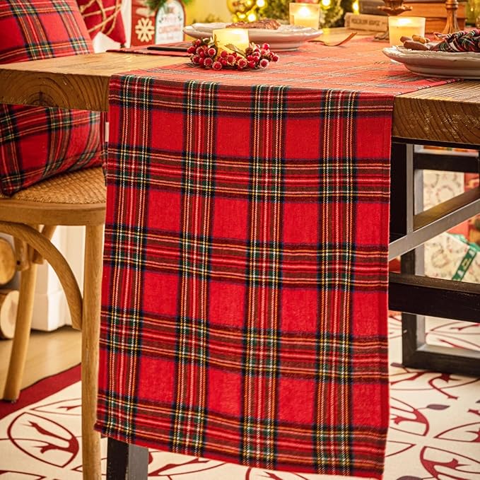 Red Green Plaid Christmas Table Runner, Winter Holiday Table Runners 36 inches Long, Xmas Decorations Indoor Outdoor Farmhouse Home Kitchen Dining Party Decor