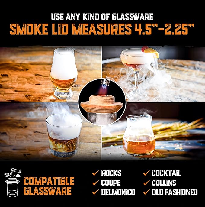 Whiskey Smoker Kit with Torch - 8 Flavors Wood Chips - Bourbon Gifts for Men, Cocktail Smoker kit - USA Oak Smoke Lid (No Butane)