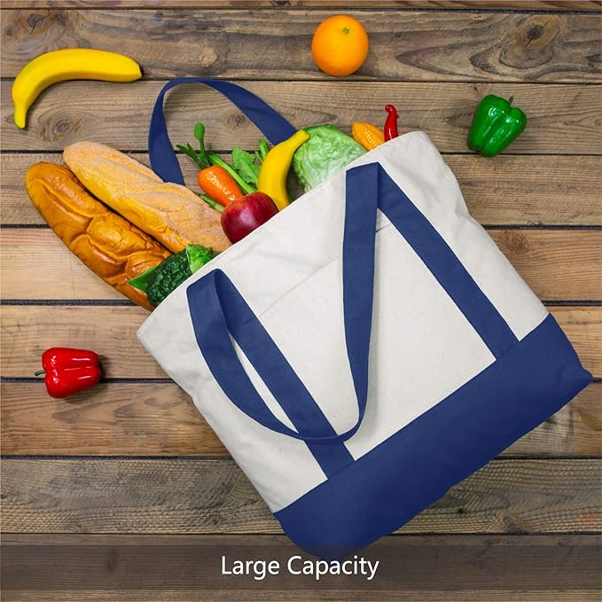 TOPDesign 6-Pack Canvas Tote Bags with an External Pocket, Reusable Grocery Shopping Bags, Top Zipper Closure, Daily Essentials (Blue/Natural)