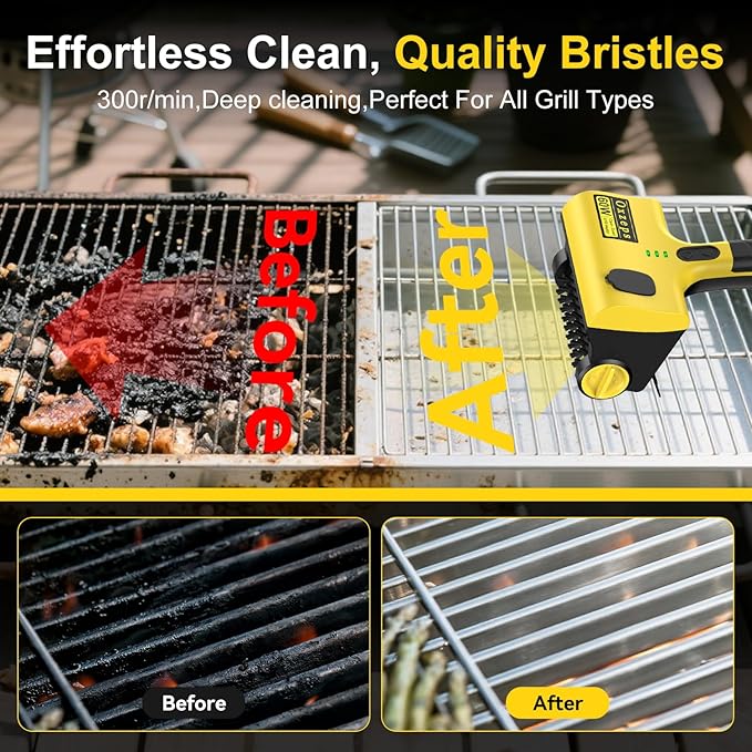 Oxzeps Outdoor Electric BBQ Brush, 2600mAh Battery Capacity 7.4V 2-Speed Power Control Rechargeable Grill Brush with 2 Brush Heads, 360° Rotating Cleaning Brush.