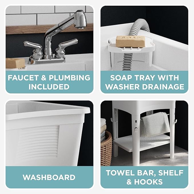 Zenna Home Utility Sink for Laundry Room and Garage, Freestanding Laundry Sink for Garage or Kitchen, Indoor & Outdoor Utility Tub with Pull-Out Faucet, Towel Bar, 24" W x 24" D x 36.75" H, White