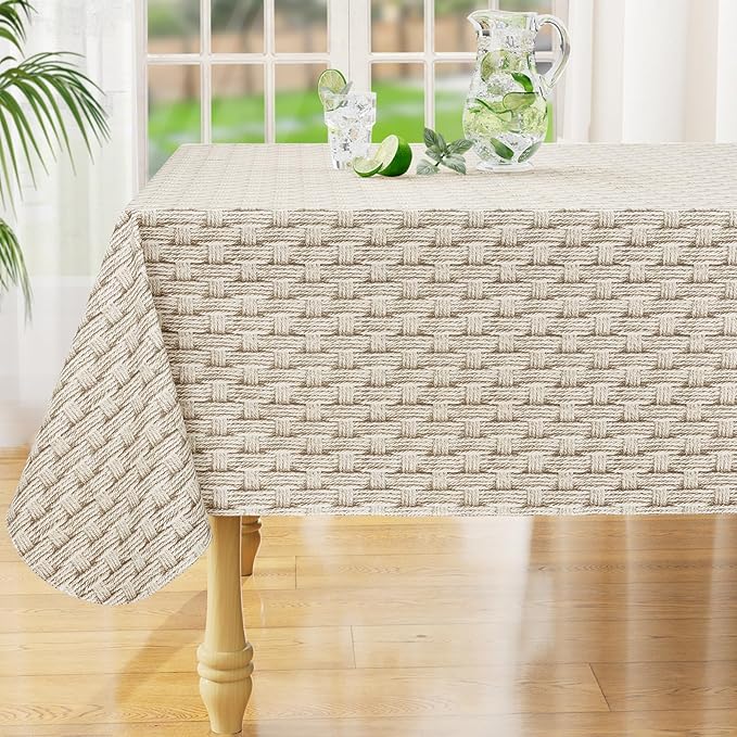 misaya Rectangle Waterproof Vinyl Table Cloth, Wipeable Tablecloth with Flannel Backing, Plastic Table Cover for Dinner, Picnic, Indoor and Outdoor (Weave, 60" x 102")