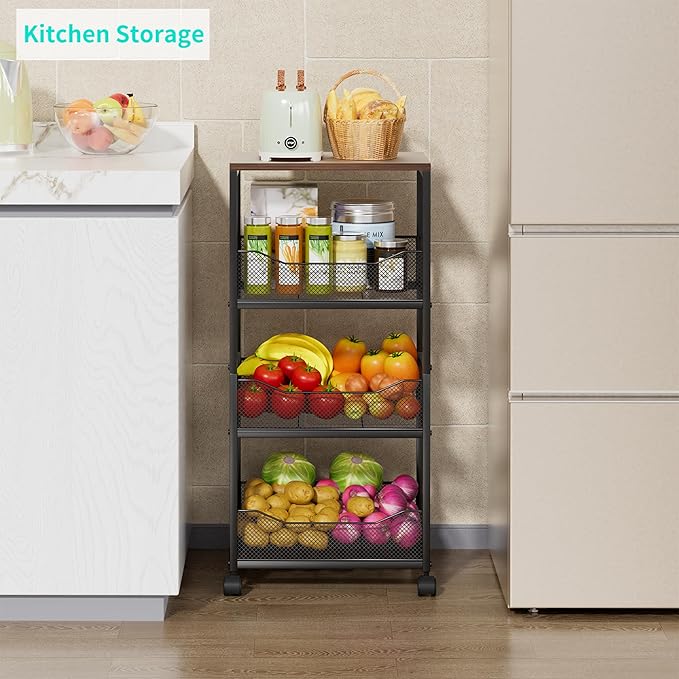 HapiRm Fruit Basket Kitchen Cart - 4-Tier Rolling Storage Cart with Wheels, Fruit Vegetable Basket with Wood Top, Pantry Utility Kitchen Organizer for Fruit Potato Onion Vegetable Bread Snack