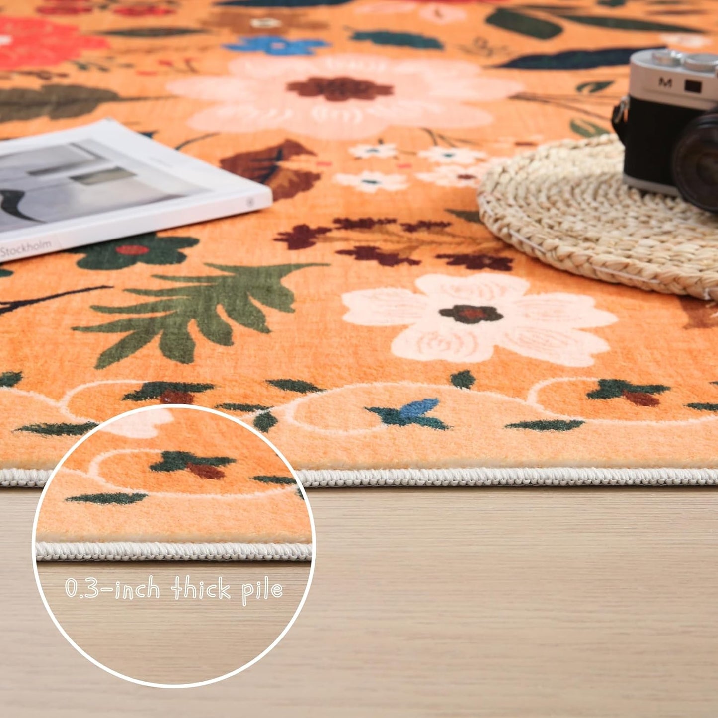 Rugcomf Round Rug 4ft Washable Circle Rug Non Slip Low Pile Boho Floral Small Circular Rug for Bedroom, Bathroom, Entryway, Kids Room, Office, College Dorm(Yellow)