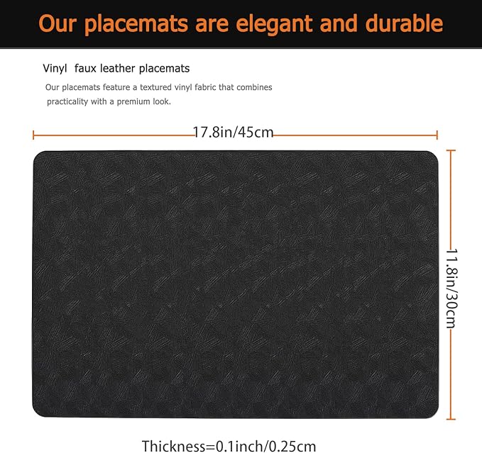 Vinyl Placemats Set of 4 Faux Leather 100% Waterproof Wipeable Washable Place Mats Heat Resistant Easy Clean Non-Slip Table Mats for Indoor Outdoor. (4,Black)