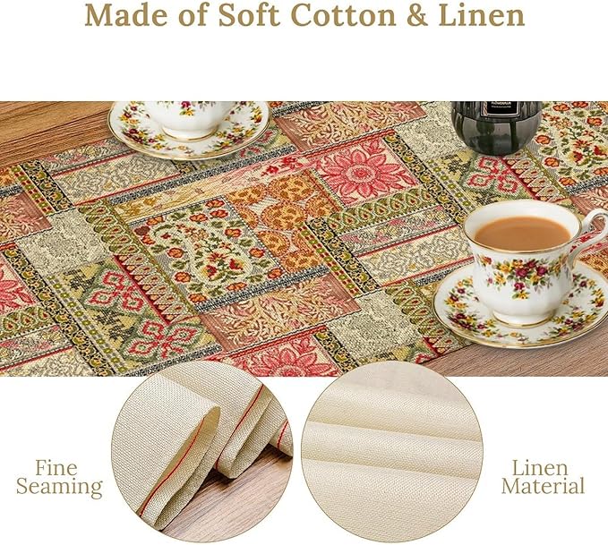 Colorful Patchwork Table Runner, Boho Floral Vintage Wildflower Rustic Paisley Design Table Runner for Dining Coffee Party Holiday Farmhouse 13x108in