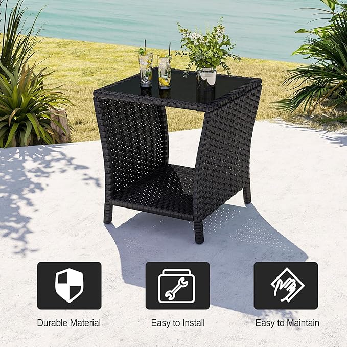 kinbor Small Outdoor Table - Tempered Glass Top Small Outdoor Wicker Side Table with Storage Shelf for Patio, Balcony & Porch, Durable PE Rattan & Iron Frame